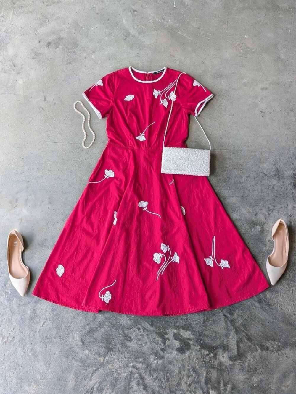 eShakti Custom Red White Floral Embroidered Fit and Flare Dress with Pockets